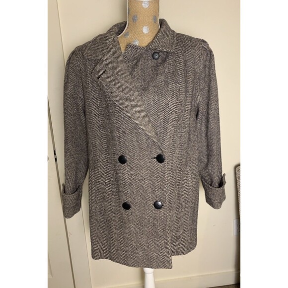 Vtg Spencer Douglas Women Wool Coat Dbl Breasted M/L Brown Herringbone Peacoat - Picture 1 of 13